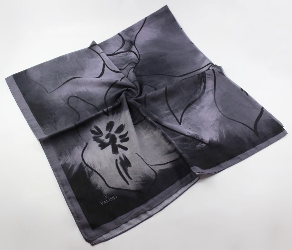 120x120 Sulu Boya Desenli Pamuklu Eşarp - Gri