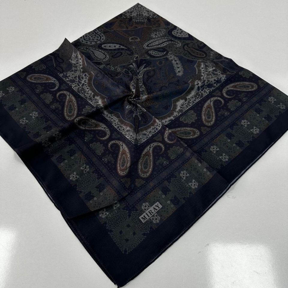 120x120 Etnik Desenli Soft Pamuk Eşarp - Koyu Lacivert