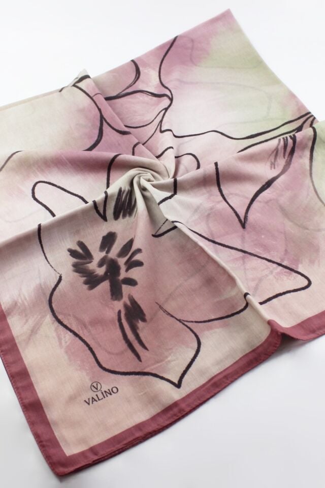 120x120 Sulu Boya Desenli Pamuklu Eşarp - Gül Kurusu