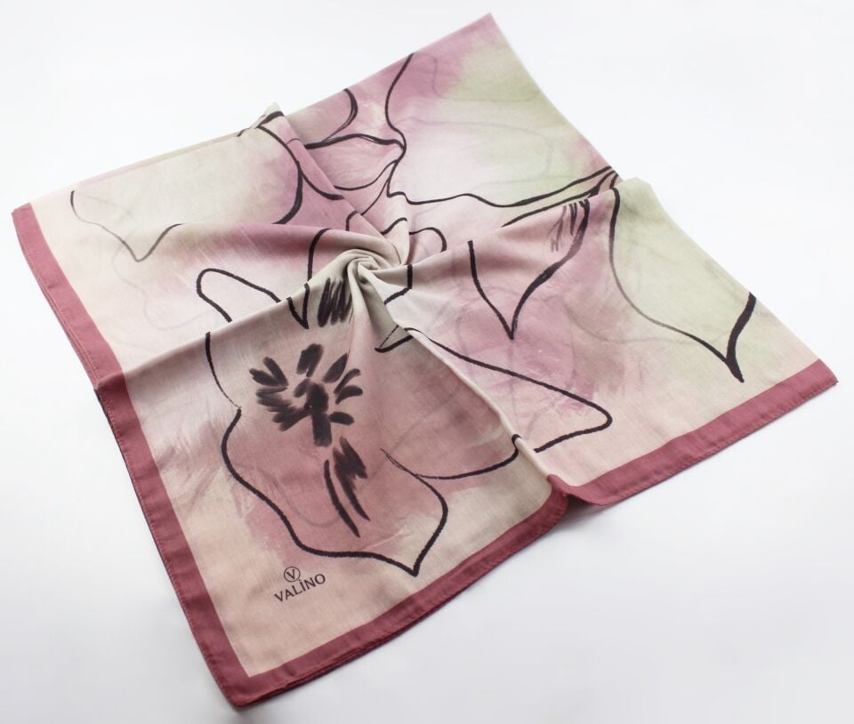 120x120 Sulu Boya Desenli Pamuklu Eşarp - Gül Kurusu