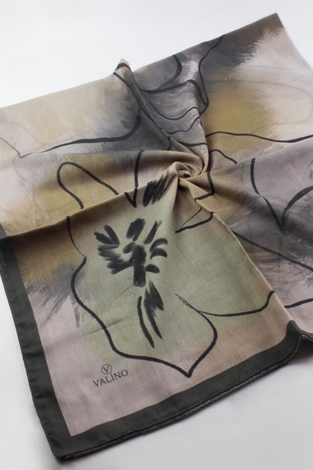 120x120 Sulu Boya Desenli Pamuklu Eşarp - Haki