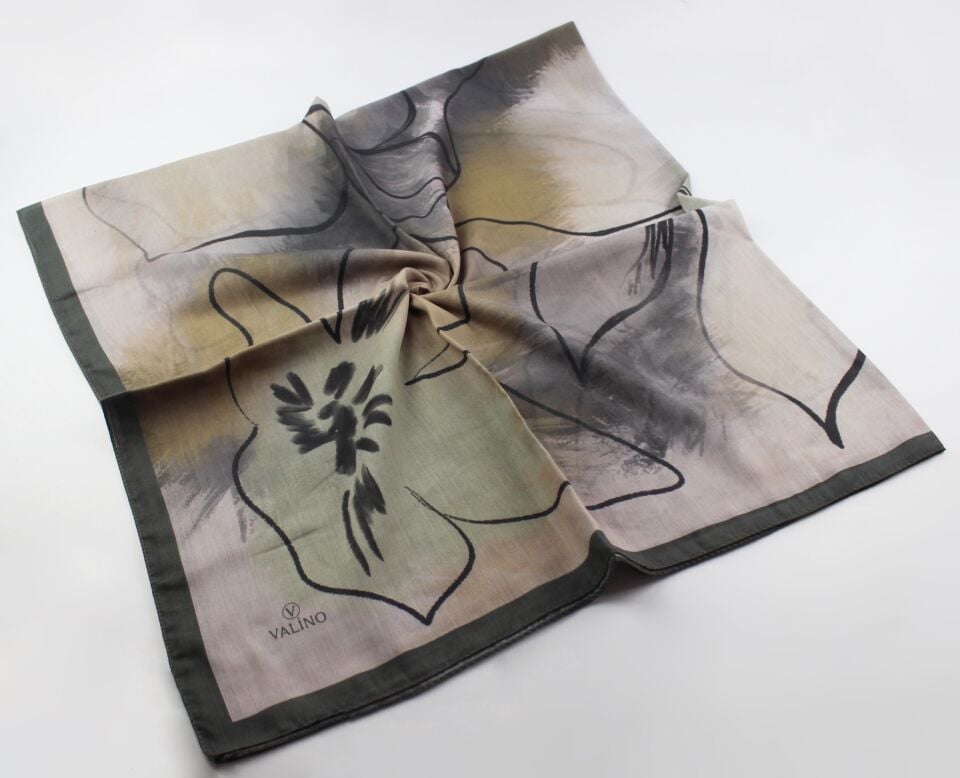 120x120 Sulu Boya Desenli Pamuklu Eşarp - Haki