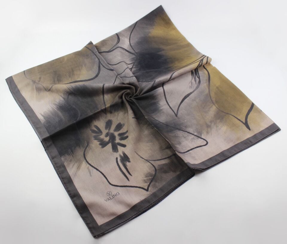 120x120 Sulu Boya Desenli Pamuklu Eşarp - Koyu Gri