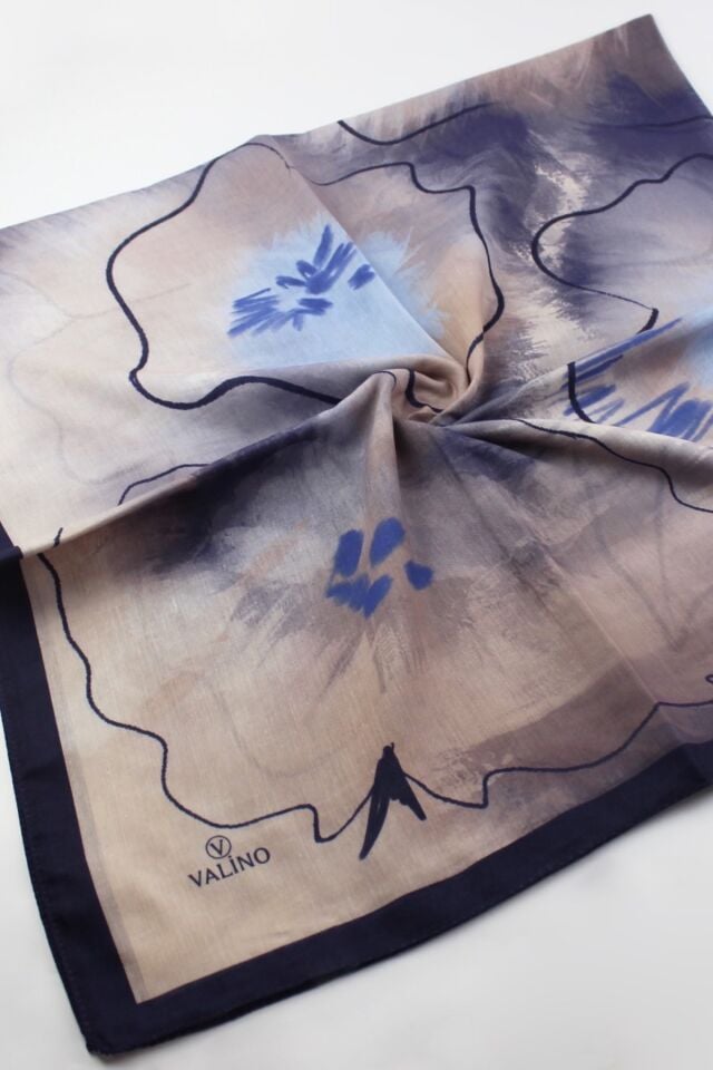 120x120 Sulu Boya Desenli Pamuklu Eşarp - Lacivert