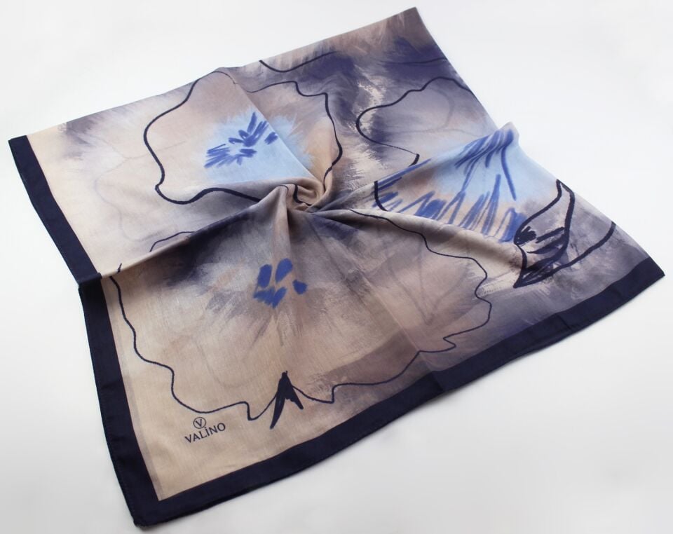 120x120 Sulu Boya Desenli Pamuklu Eşarp - Lacivert