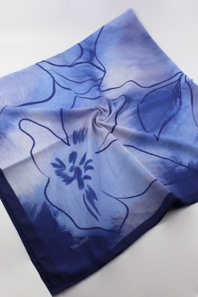 120x120 Sulu Boya Desenli Pamuklu Eşarp - Mavi