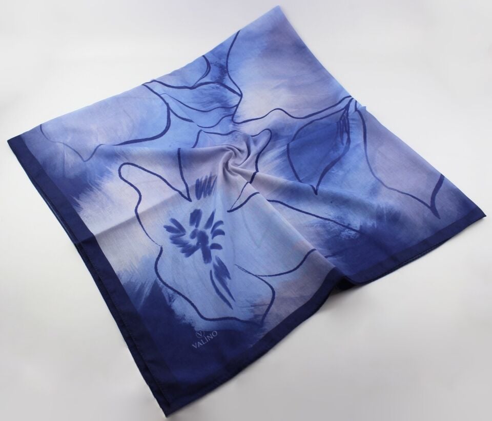 120x120 Sulu Boya Desenli Pamuklu Eşarp - Mavi