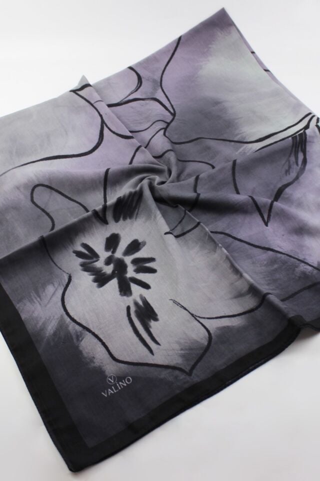 120x120 Sulu Boya Desenli Pamuklu Eşarp - Siyah Füme