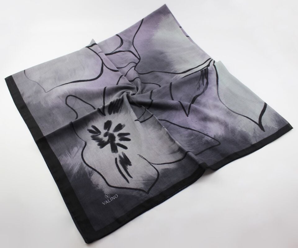 120x120 Sulu Boya Desenli Pamuklu Eşarp - Siyah Füme