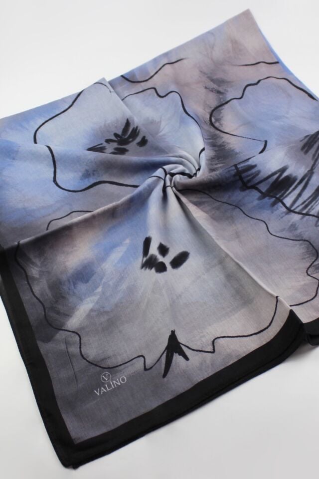 120x120 Sulu Boya Desenli Pamuklu Eşarp - Siyah Mavi