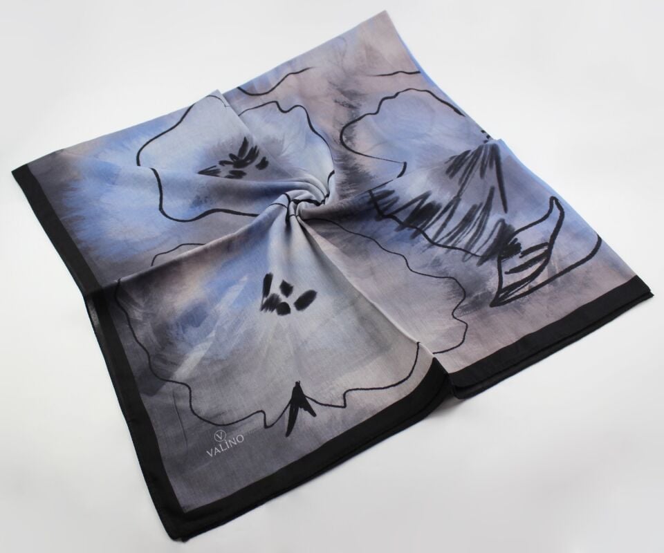 120x120 Sulu Boya Desenli Pamuklu Eşarp - Siyah Mavi