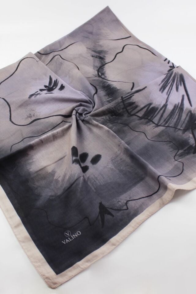 120x120 Sulu Boya Desenli Pamuklu Eşarp - Taş