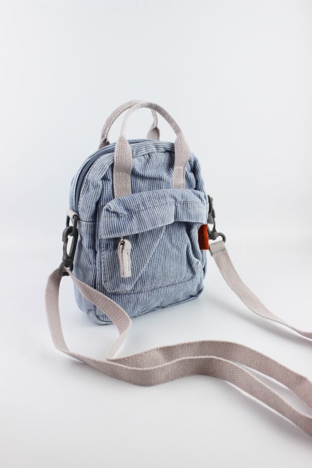 Vintage Çizgili Kadın Kot Kumaş Fermuar Kapamalı Mavi Minik Boy Çapraz Omuz Çantası 15x19x7 Cm