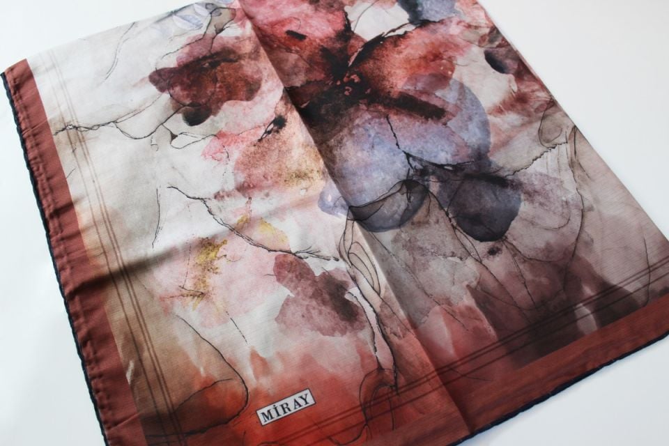 120x120 Çiçek Desenli Soft Pamuk Eşarp - Tarçın