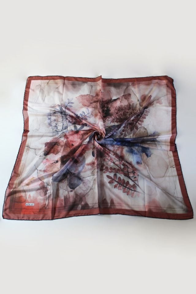 120x120 Çiçek Desenli Soft Pamuk Eşarp - Tarçın