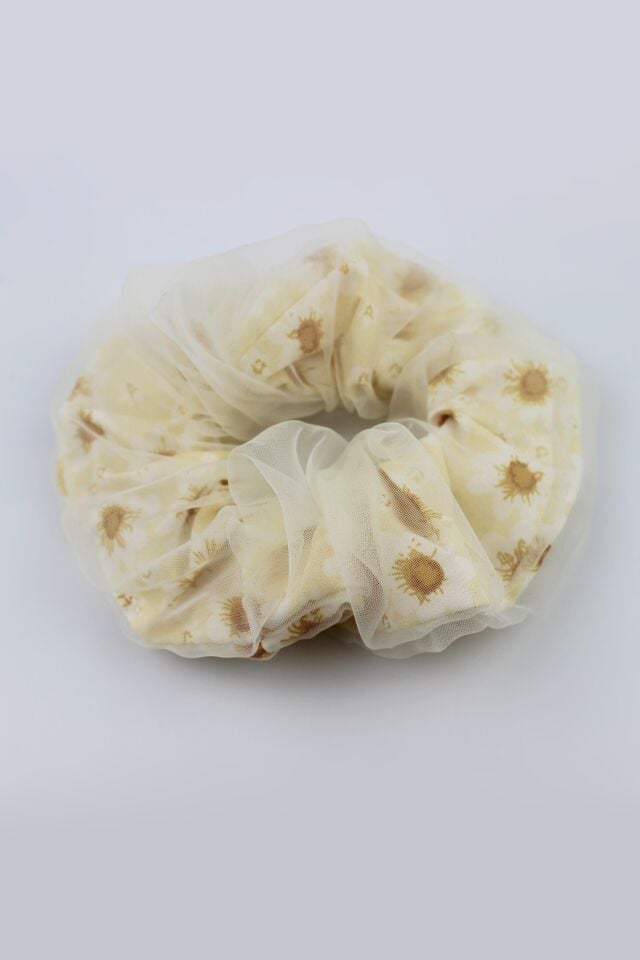 Çocuklar İçin Çiçek Desenli Tül Kumaş Çocuk Lastik Tokası - Sarı