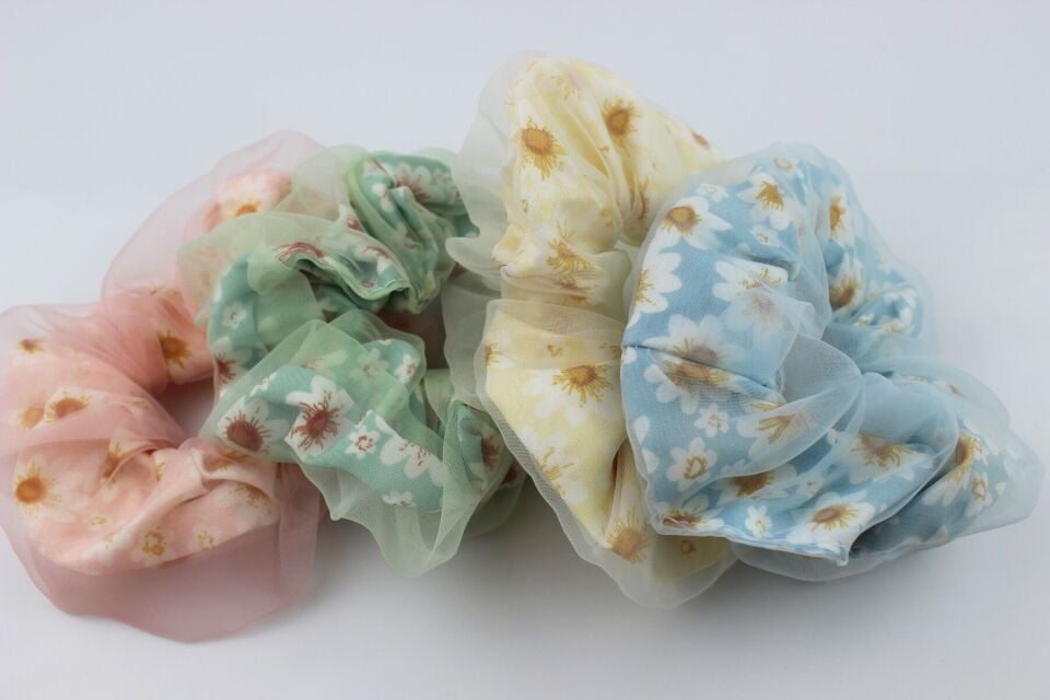 Çocuklar İçin Çiçek Desenli Tül Kumaş Çocuk Lastik Tokası - Sarı