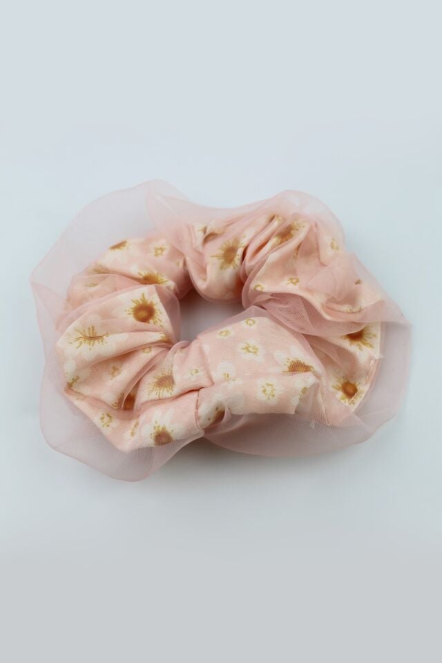 Çocuklar İçin Çiçek Desenli Tül Kumaş Çocuk Lastik Tokası - Somon