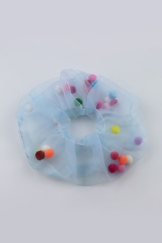 Çocuklar İçin Ponpon Tül Kumaş Çocuk Lastik Tokası - Mavi