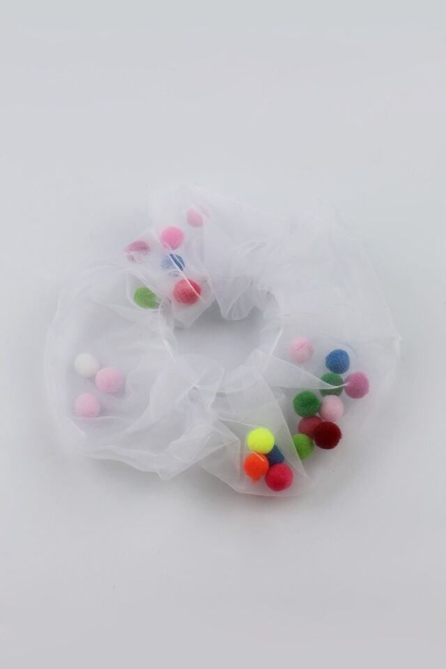 Çocuklar İçin Ponpon Tül Kumaş Çocuk Lastik Tokası - Beyaz