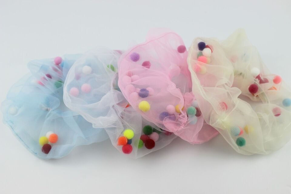 Çocuklar İçin Ponpon Tül Kumaş Çocuk Lastik Tokası - Beyaz