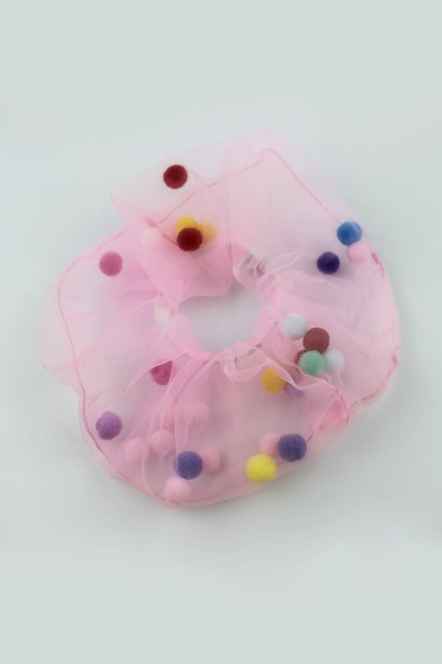 Çocuklar İçin Ponpon Tül Kumaş Çocuk Lastik Tokası - Pembe