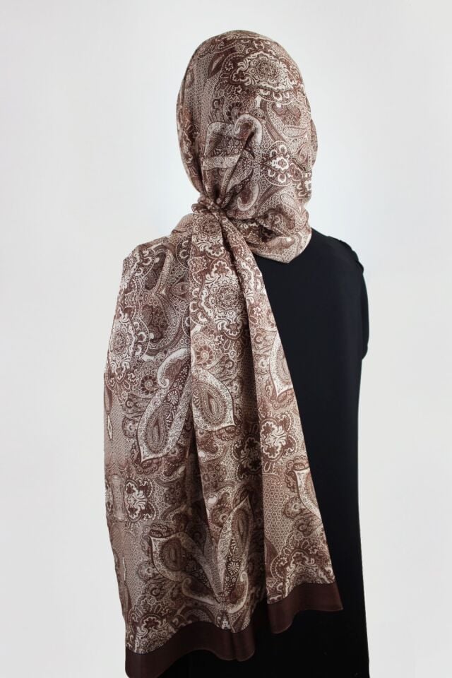 Etnik Desenli Vual İnce Pamuklu Şal - Çikolata Kahve