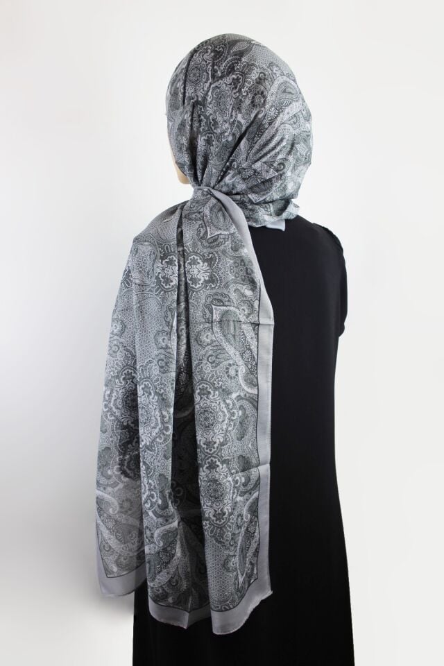 Etnik Desenli Vual İnce Pamuklu Şal - Gri