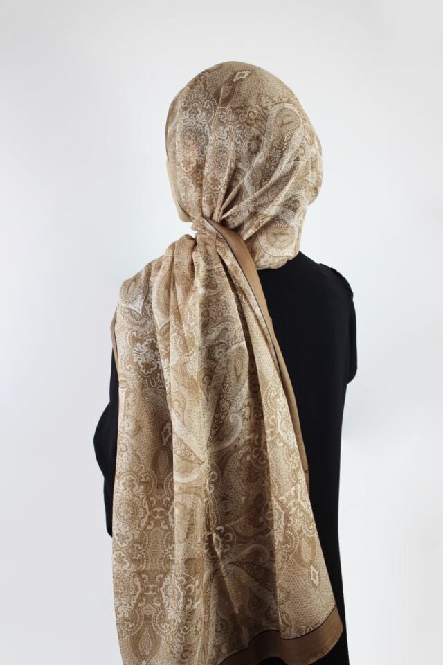 Etnik Desenli Vual İnce Pamuklu Şal - Hardal