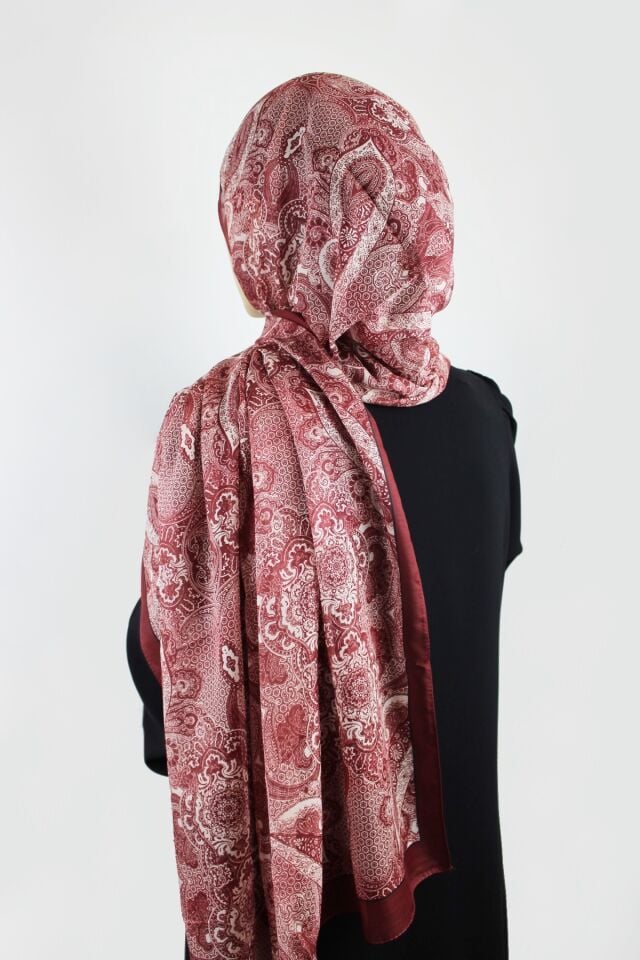 Etnik Desenli Vual İnce Pamuklu Şal - Kırmızı