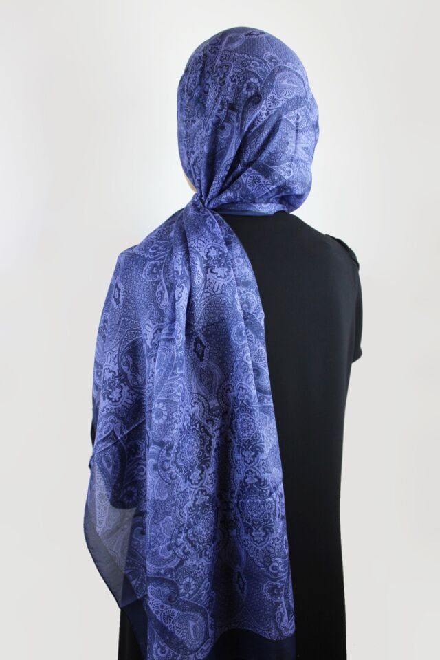 Etnik Desenli Vual İnce Pamuklu Şal - Lacivert