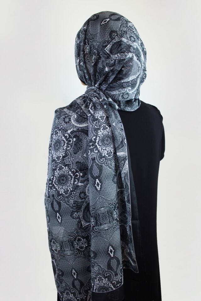 Etnik Desenli Vual İnce Pamuklu Şal - Siyah