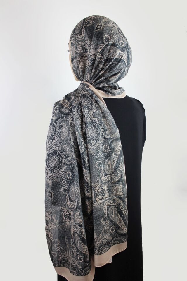 Etnik Desenli Vual İnce Pamuklu Şal - Sütlü Kahve