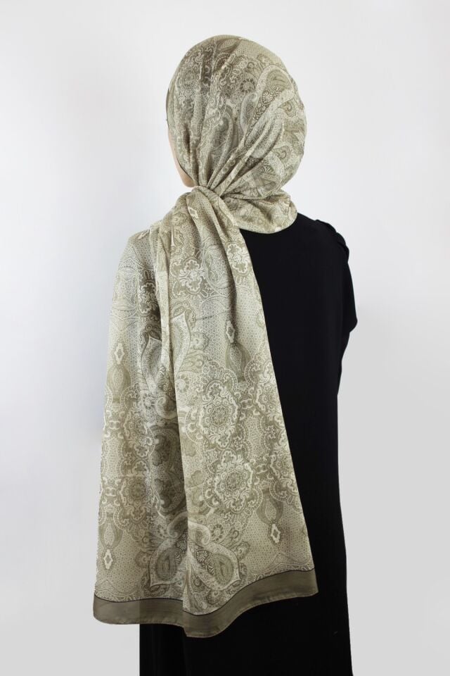 Etnik Desenli Vual İnce Pamuklu Şal - Zeytin