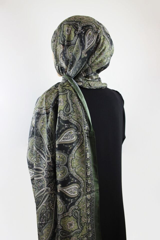 Etnik Klasik Desenli İnce Pamuklu Vual Şal - Haki