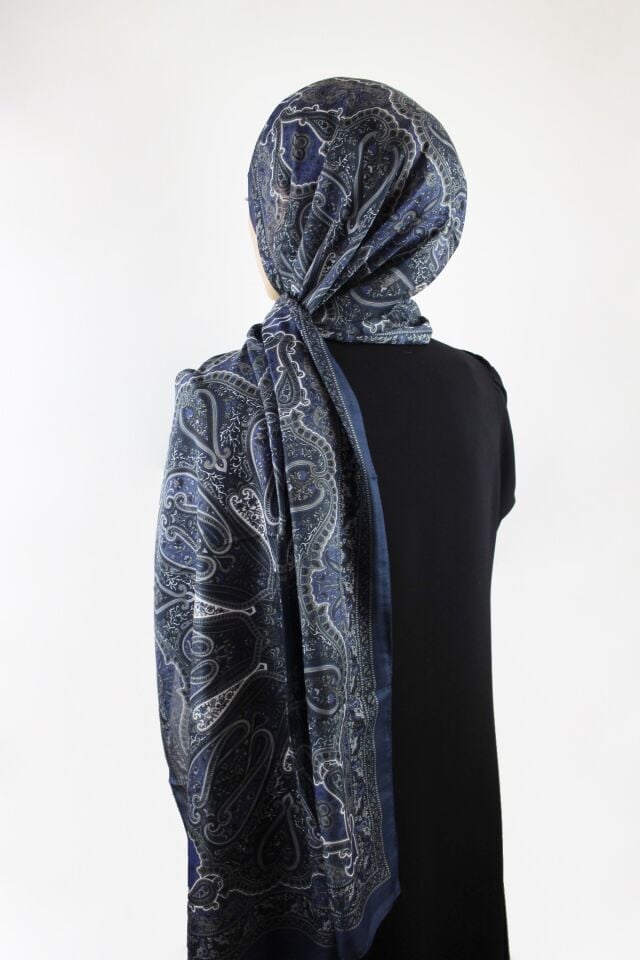 Etnik Klasik Desenli İnce Pamuklu Vual Şal - Lacivert