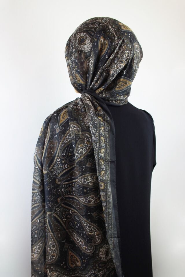 Etnik Klasik Desenli İnce Pamuklu Vual Şal - Siyah
