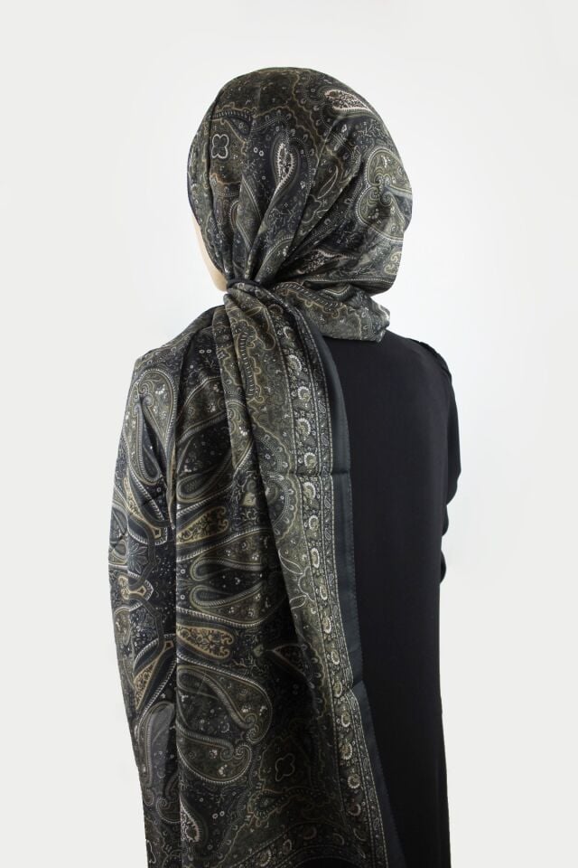 Etnik Klasik Desenli İnce Pamuklu Vual Şal - Siyah Haki