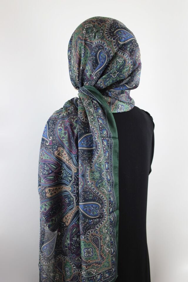 Etnik Klasik Desenli İnce Pamuklu Vual Şal - Zümrüt