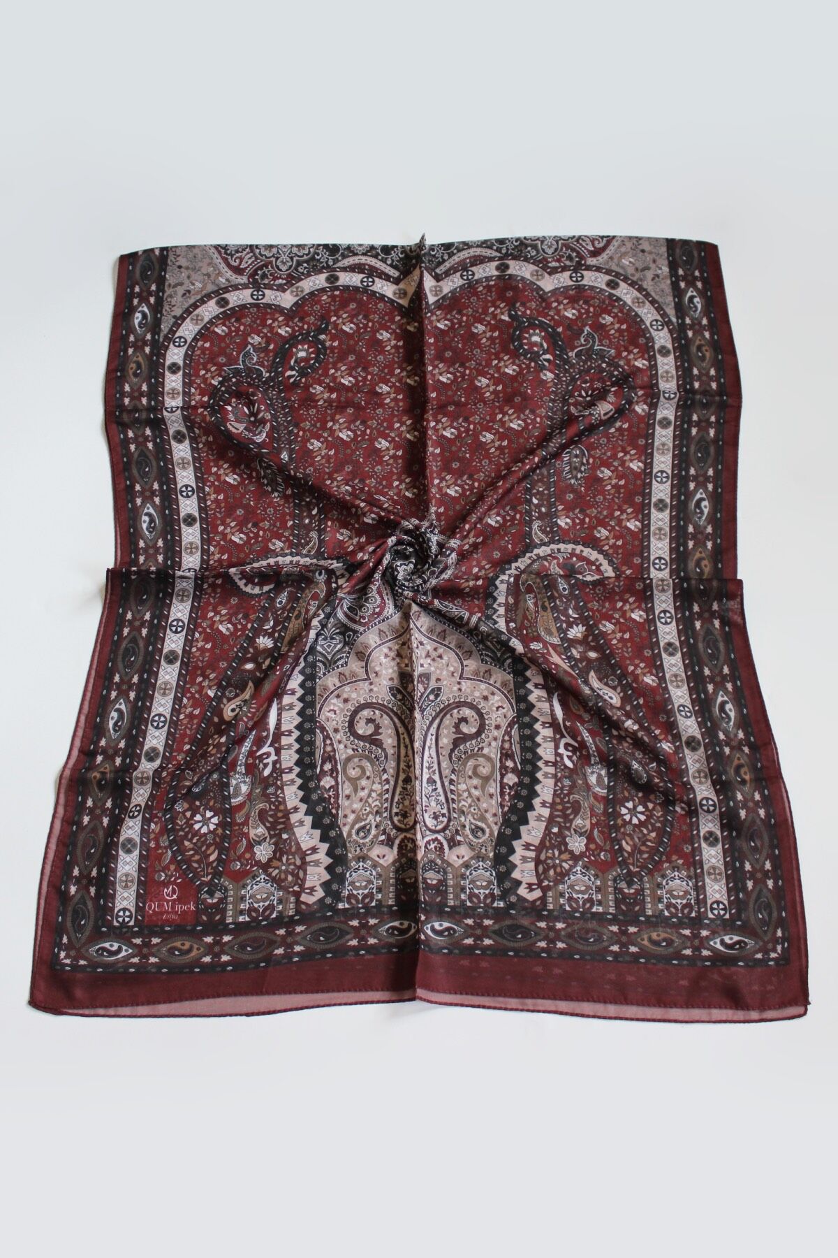 Etnik Vintage Desenli İnce Pamuklu Vual Şal - Bordo