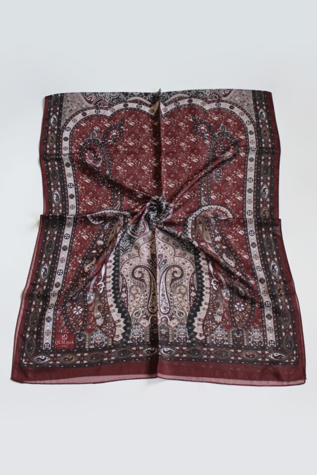 Etnik Vintage Desenli İnce Pamuklu Vual Şal - Bordo