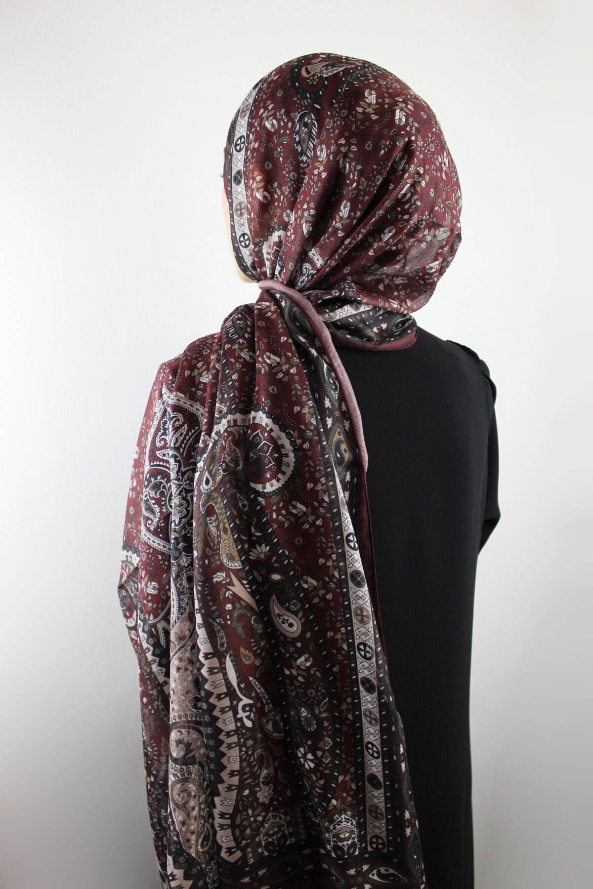 Etnik Vintage Desenli İnce Pamuklu Vual Şal - Bordo