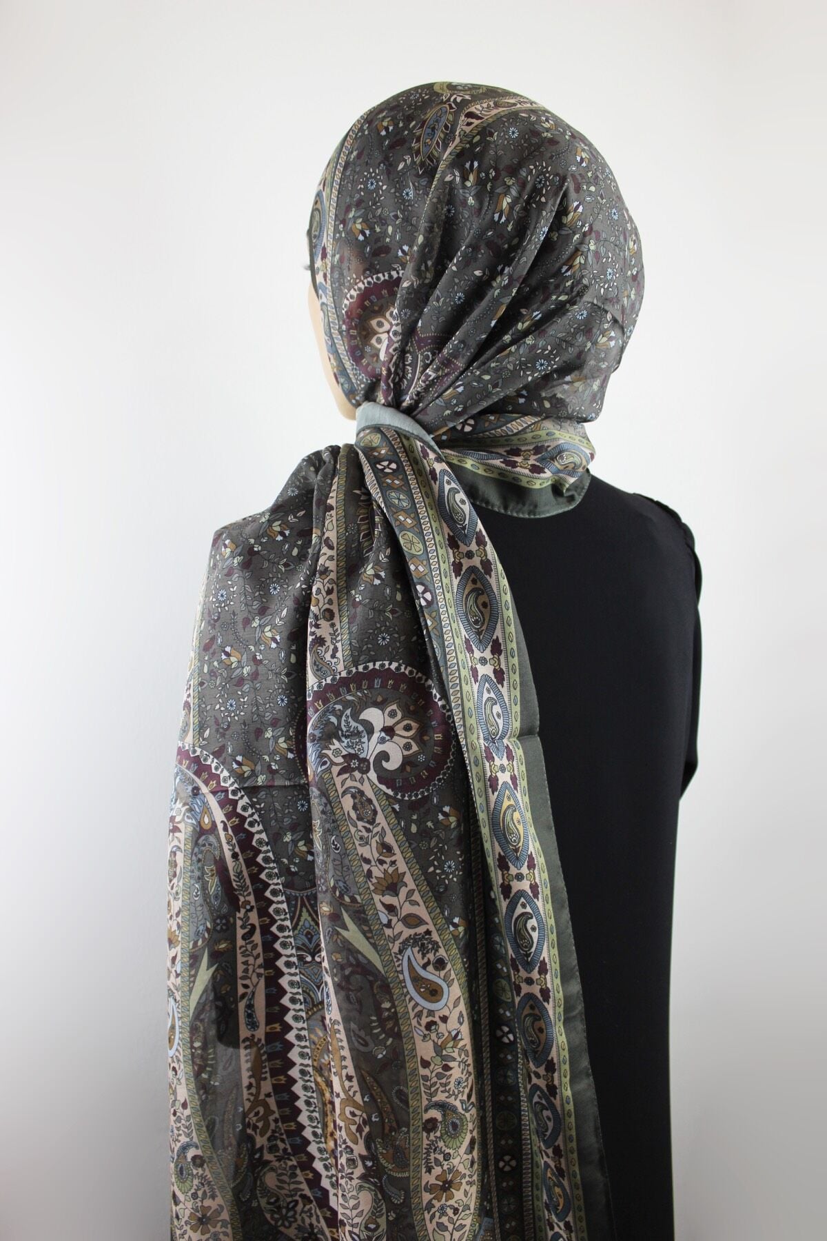 Etnik Vintage Desenli İnce Pamuklu Vual Şal - Çağla