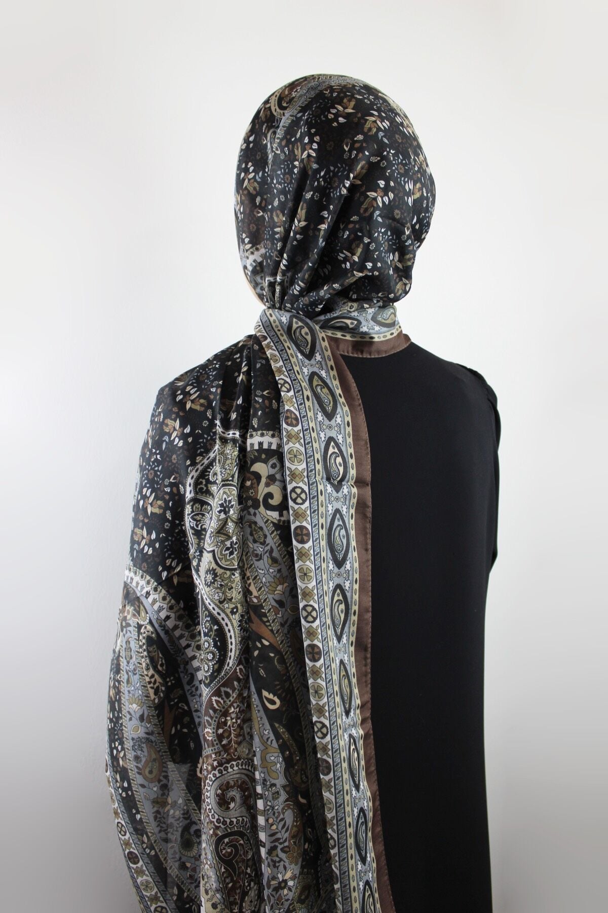 Etnik Vintage Desenli İnce Pamuklu Vual Şal - Çikolata Kahve