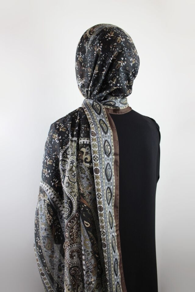 Etnik Vintage Desenli İnce Pamuklu Vual Şal - Çikolata Kahve