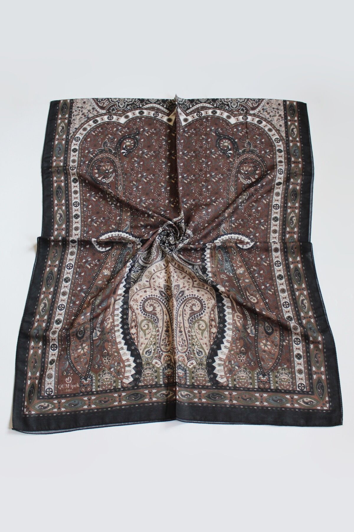 Etnik Vintage Desenli İnce Pamuklu Vual Şal - Acı Kahve
