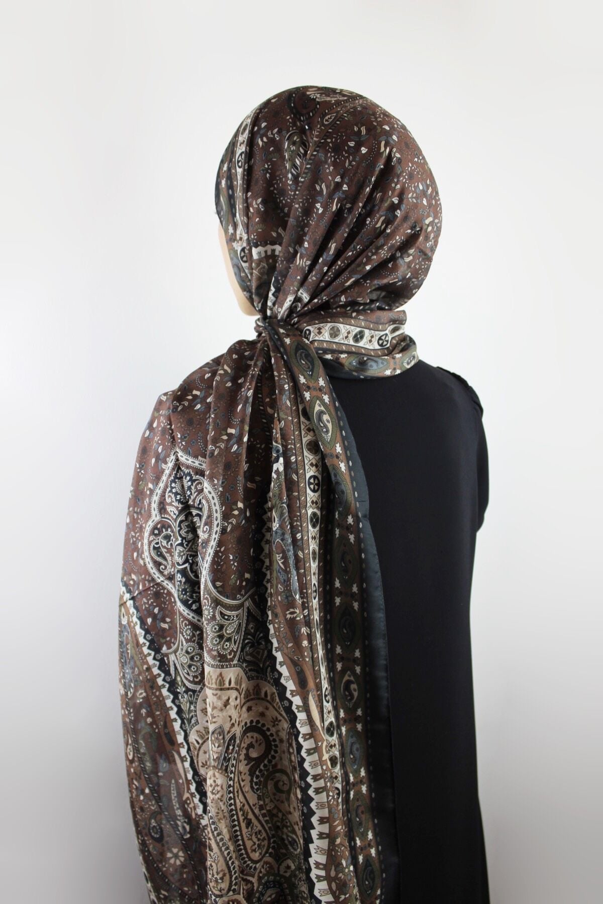 Etnik Vintage Desenli İnce Pamuklu Vual Şal - Acı Kahve