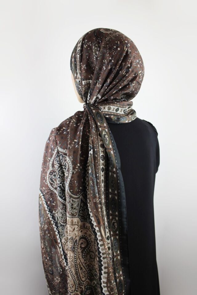 Etnik Vintage Desenli İnce Pamuklu Vual Şal - Acı Kahve