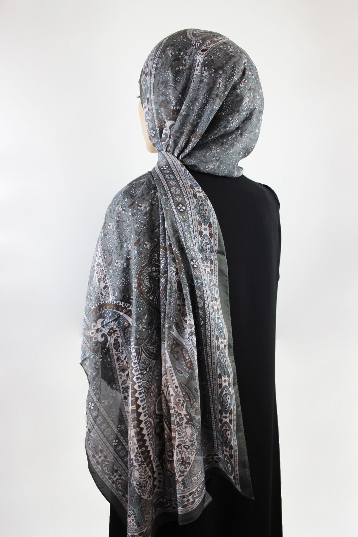 Etnik Vintage Desenli İnce Pamuklu Vual Şal - Füme Çağla