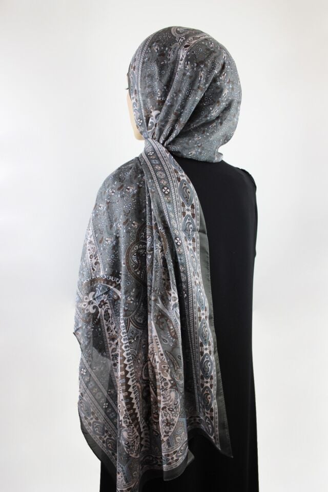 Etnik Vintage Desenli İnce Pamuklu Vual Şal - Füme Çağla